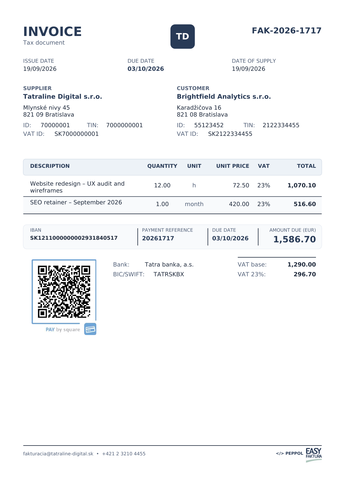 Faktúra vystavená v angličtine s DPH 23 %, sumami vo formáte 1,070.10 a dátumom 19/09/2026