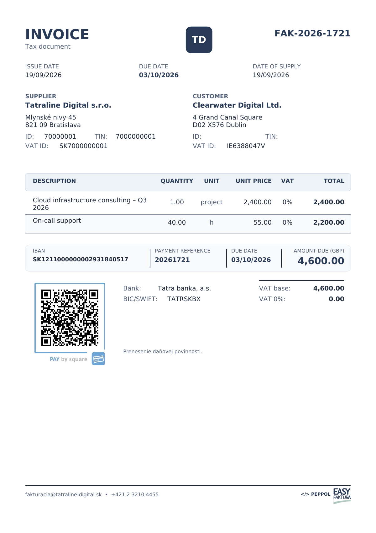 Faktúra v britských librách pre odberateľa z Írska s popiskom AMOUNT DUE (GBP) a vetou Prenesenie daňovej povinnosti