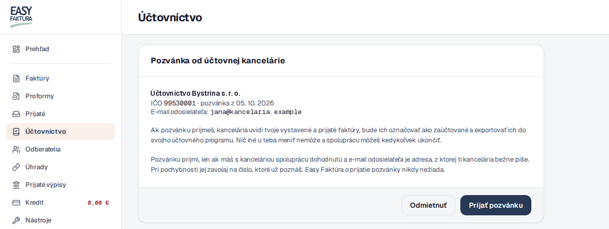 Účet klienta, menu Účtovníctvo: karta Pozvánka od účtovnej kancelárie s názvom, IČO a e-mailom odosielateľa a tlačidlami Odmietnuť a Prijať pozvánku