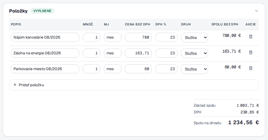 Položky predvyplnené z návrhu: Nájom kancelárie 08/2026, Záloha na energie 08/2026 a Parkovacie miesto 08/2026, spolu 1 234,56 €