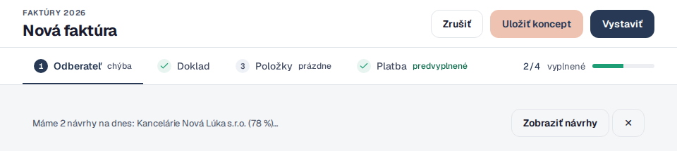 Nová faktúra v Easy Faktúre s riadkom Máme 2 návrhy na dnes a tlačidlom Zobraziť návrhy