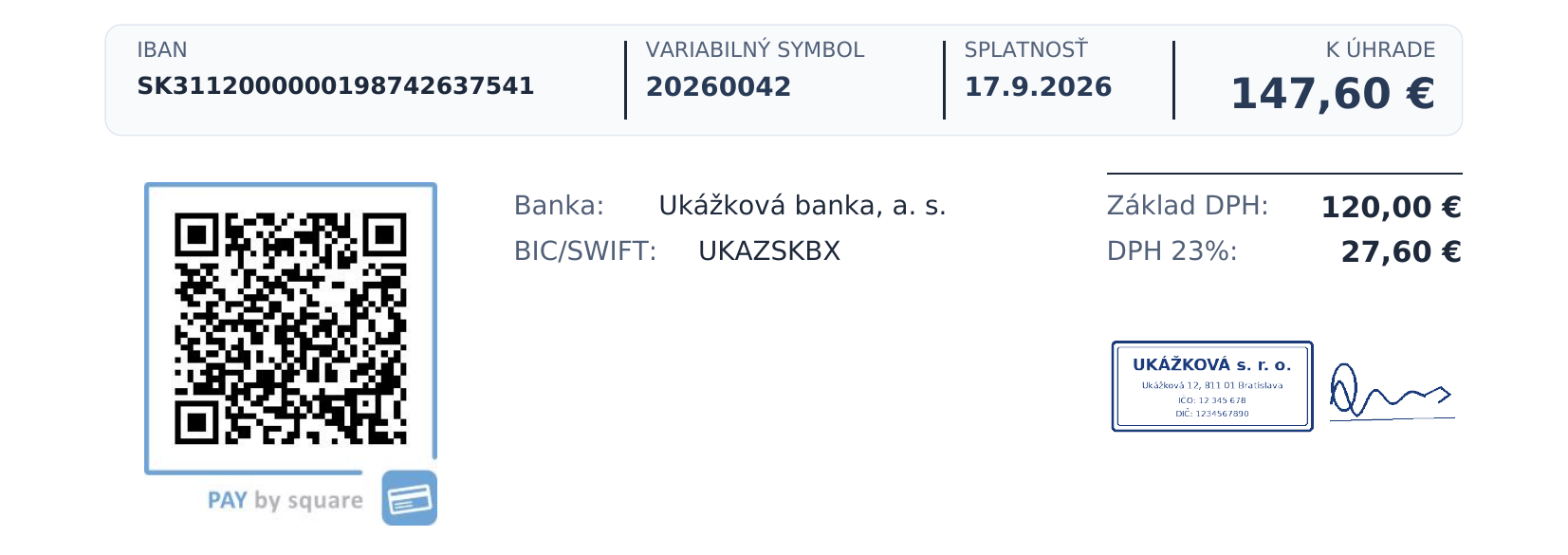 Spodná časť vystavenej faktúry: pás s IBAN, variabilným symbolom, splatnosťou a sumou 147,60 € na úhradu, vľavo Pay by Square QR kód, vpravo rozpis DPH a pod ním pečiatka s podpisom dodávateľa.